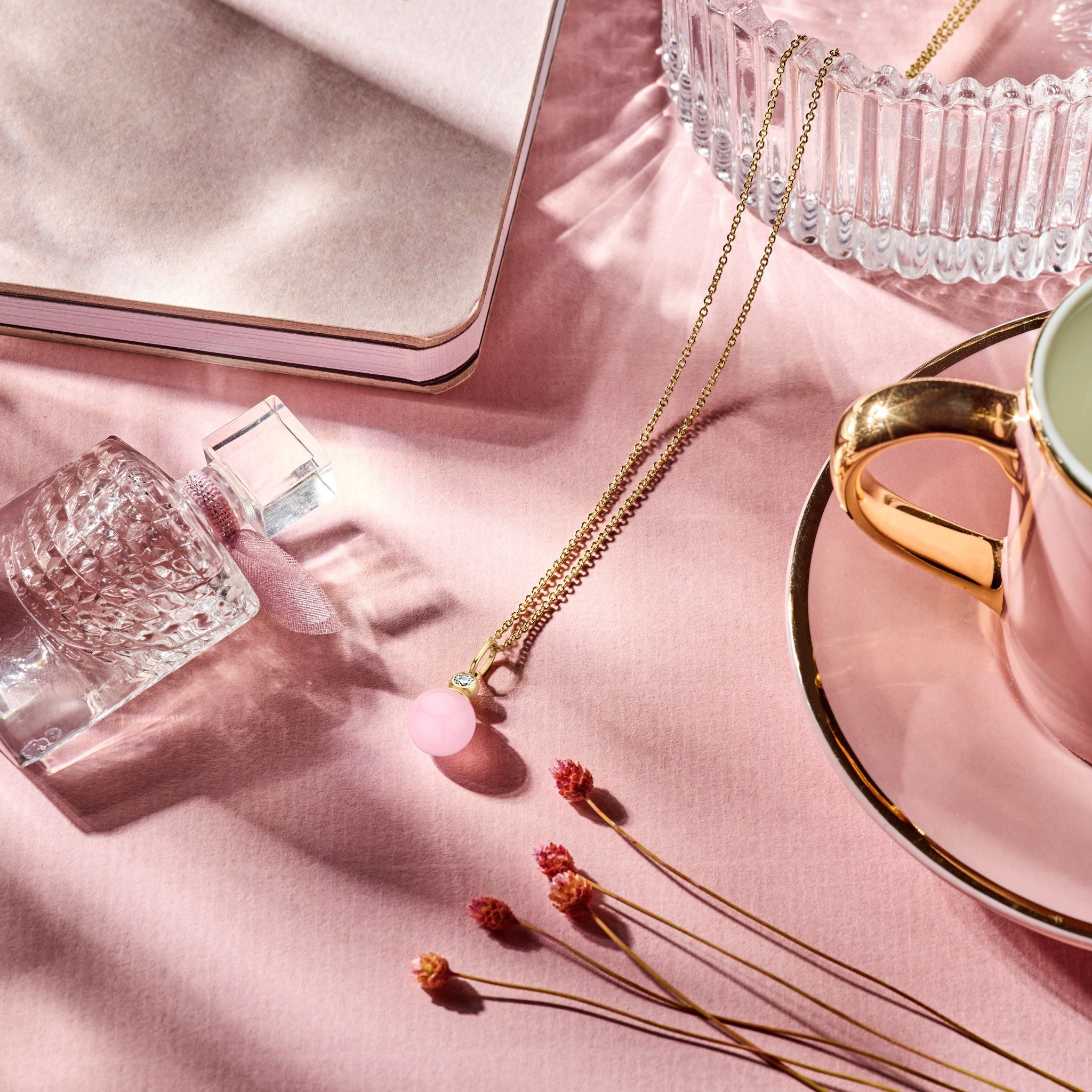 Figaro Halskette 9 mm - Sterling Silber vergoldet - rosa Achat und Zirkonia-3